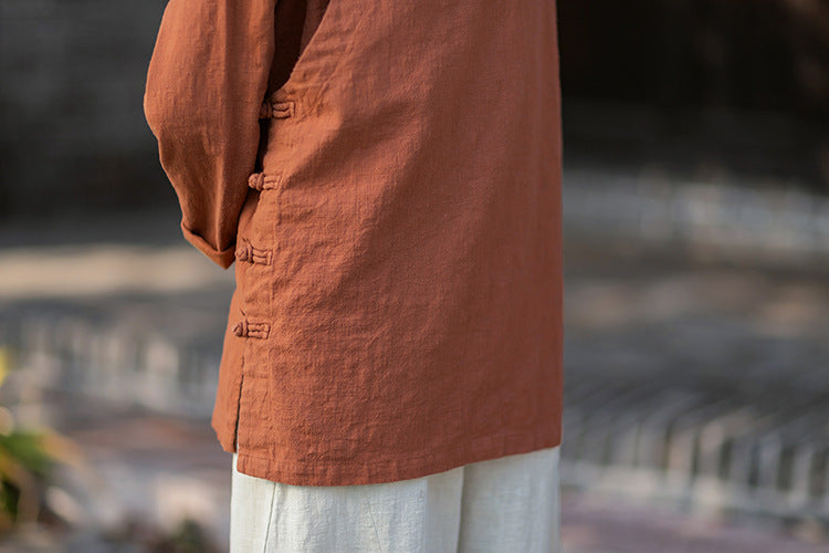 2026 Spring New Arrival: Retro Cotton-Linen Chinese-Style Stand-Collar, Color-Blocked, Button-Fastened, Wrap-Front Blouse for Women – Zen Tea Attire