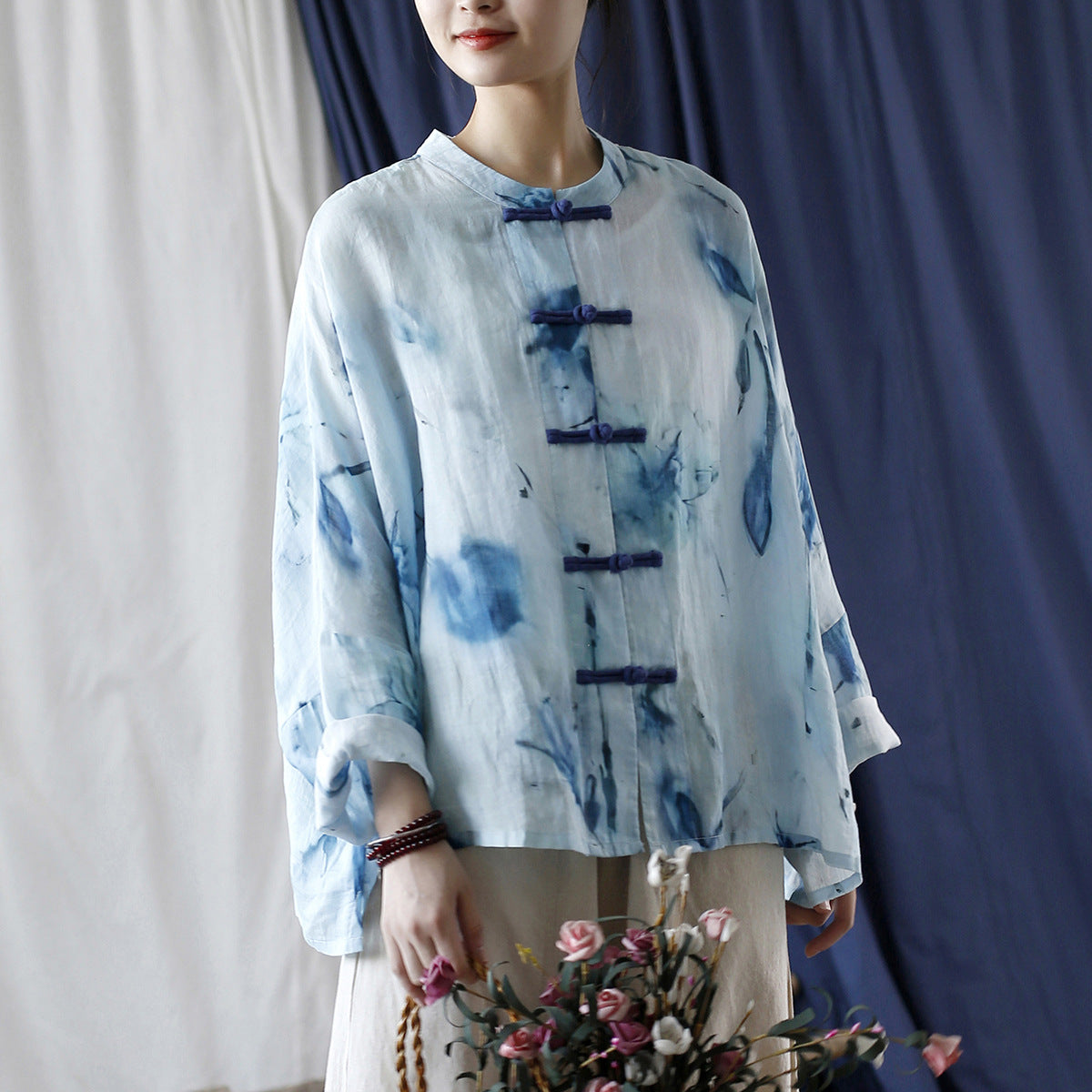 Printed Standing Collar Women Ramie Frog Button Shirt, Summer Vintage Loose Light Cardigan 20240802