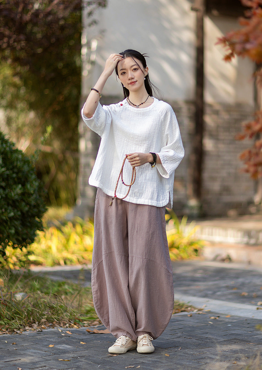 2026 Spring New Arrival: Retro-Chic Cotton-Linen Women's Round-Neck Color-Blocked Button-Down Blouse, Pullover T-Shirt