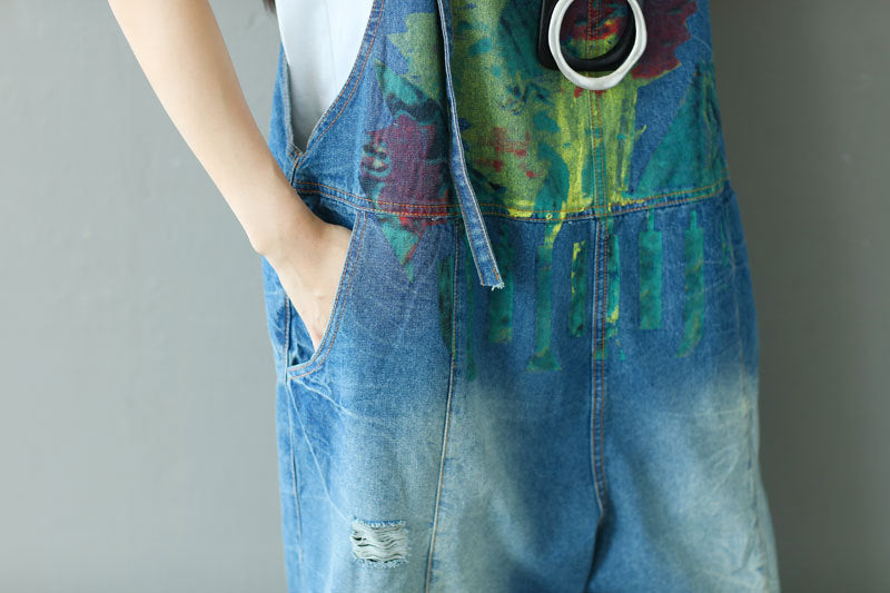 Hand-painted cotton overalls, women's denim overalls, stonewashed loose overalls