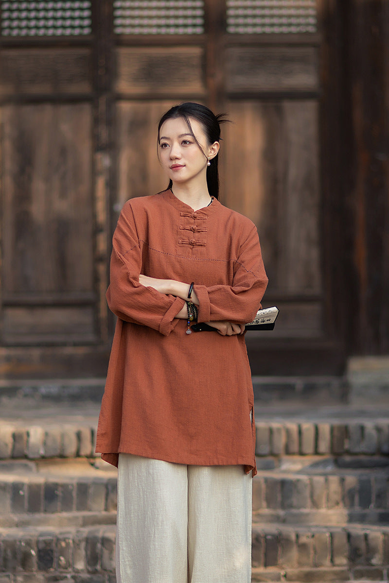 2026 Spring Retro Mandarin Collar Button-Down Cotton-Linen Blouse for Women: Chinese-Style Zen-Inspired Tea Ceremony Pullover, Ramie Stand-Up Collar Long-Sleeve Shirt