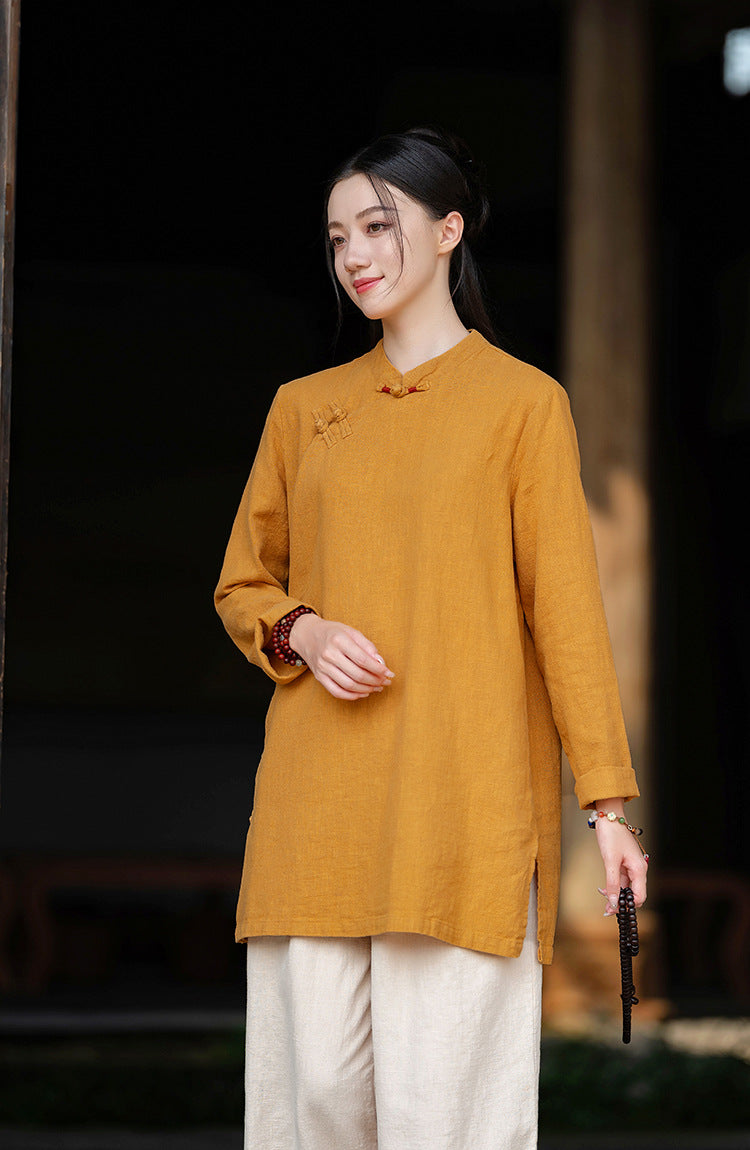 2026 Spring New Arrival: Retro Cotton-Linen Chinese-Style Stand-Collar, Color-Blocked, Button-Fastened, Wrap-Front Blouse for Women – Zen Tea Attire