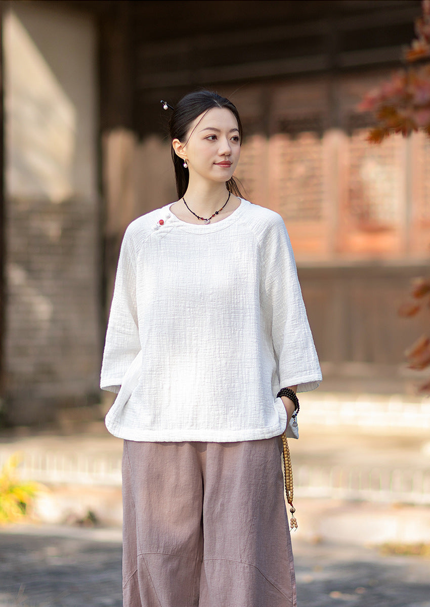 2026 Spring New Arrival: Retro-Chic Cotton-Linen Women's Round-Neck Color-Blocked Button-Down Blouse, Pullover T-Shirt