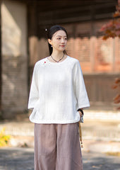 2026 Spring New Arrival: Retro-Chic Cotton-Linen Women's Round-Neck Color-Blocked Button-Down Blouse, Pullover T-Shirt