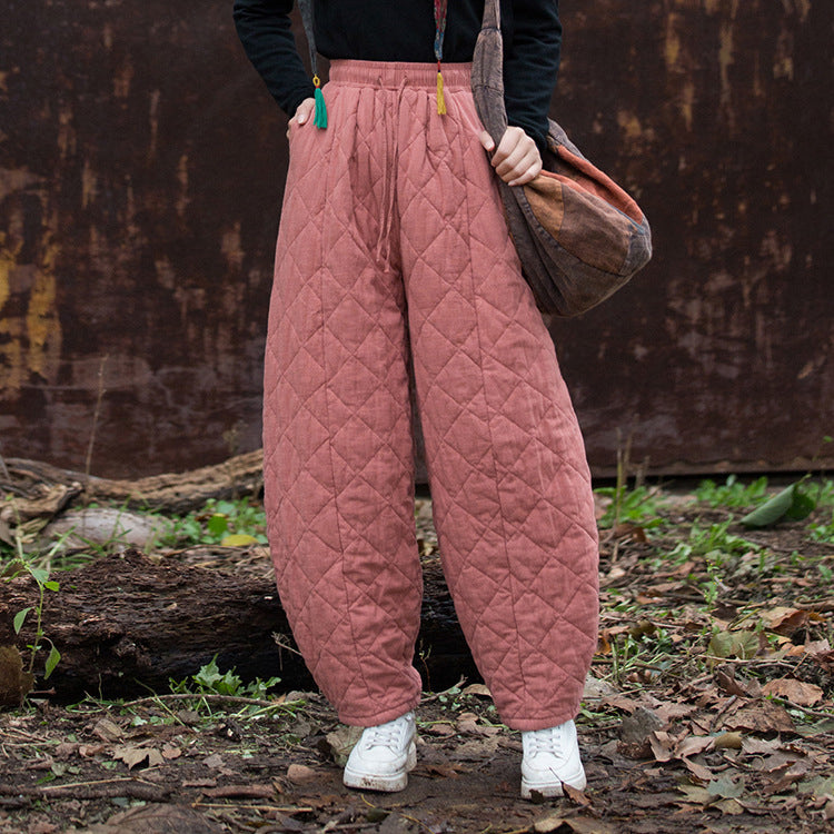 2024 Winter Thickened Diamond Quilted Warm Cotton Linen Pants, Vintage Loose Cotton Linen Tapered Pants 20241114