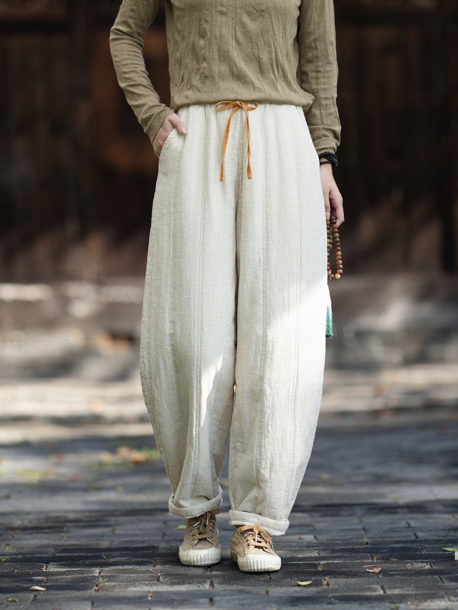 2026 Winter New Arrival: Ramie-Blend, Color-Blocked, Drawstring, Quilted, Thickened Cotton Pants—Versatile, Slimming, Loose-Fit Casual Pants