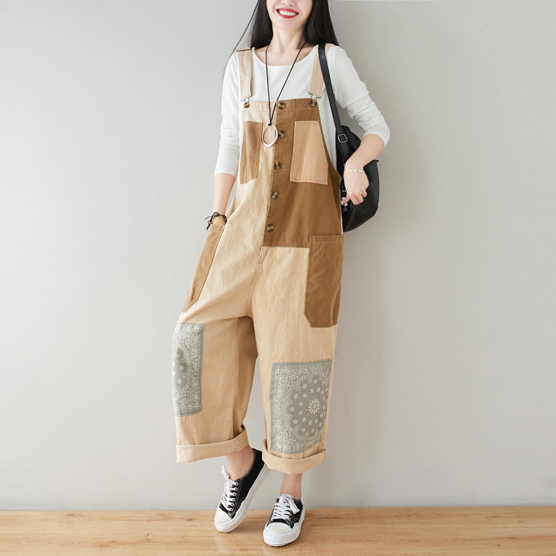 Patchwork cotton overalls, women's printed denim overalls, stonewashed loose overalls