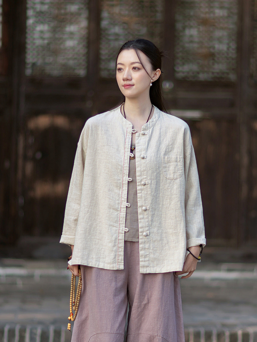 2026 Spring Cotton-Linen Women's New Chinese-Style Ramie Blouse, Loose-Fitting Cotton-Linen Button-Down Shirt with Chinese-Style Buttons, Modernized Tang-Style Jacket