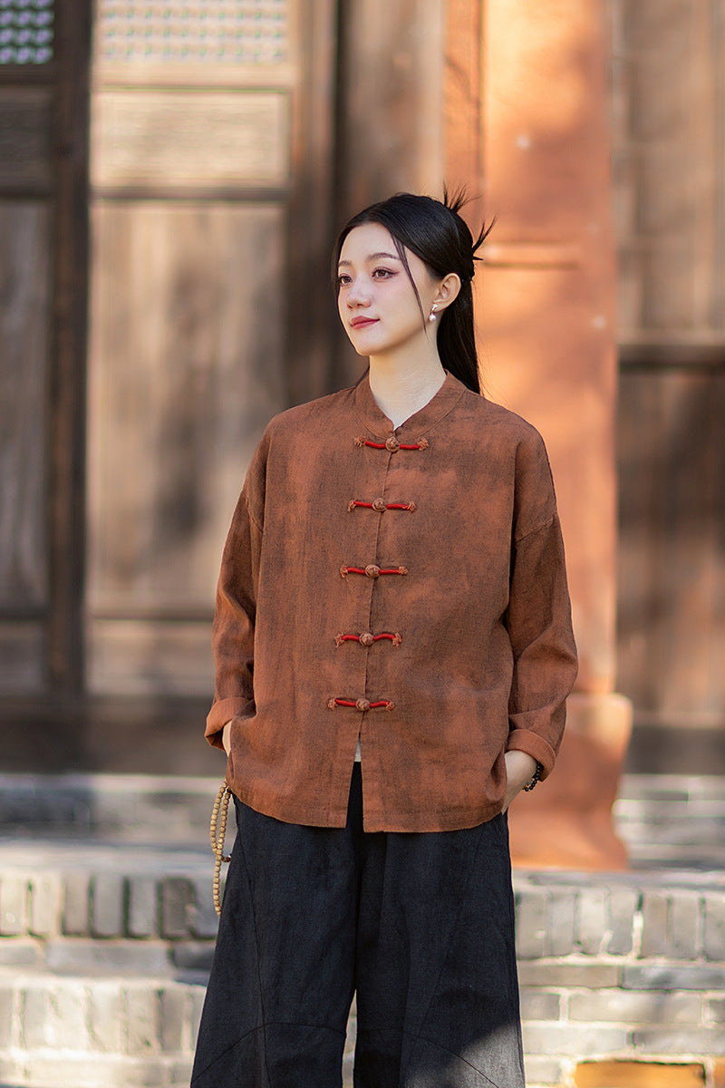 2026 Spring New Arrival: Chinese-Style Retro Double-Breasted Color-Blocked Button-Down Shirt, Women's Modernized Stand-Up Collar Ombre-Dye Tang-Style Cardigan