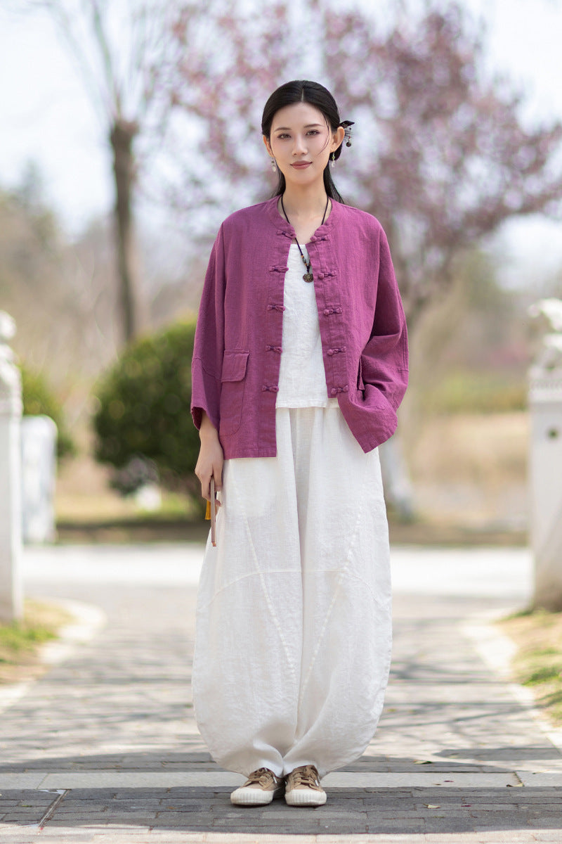 New Chinese-Style Loose-Fit Women's Shirt: Ramie Distressed Mandarin-Collared Modified Tang-Style Cardigan 20260511