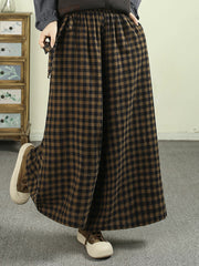 Loose-fitting cotton plaid wide-leg pants， Spring Vintage Plaid Wide-leg Pants