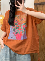 Women Loose-fitting printed T-shirt Summer Artsy Flower O-Neck Shirt
