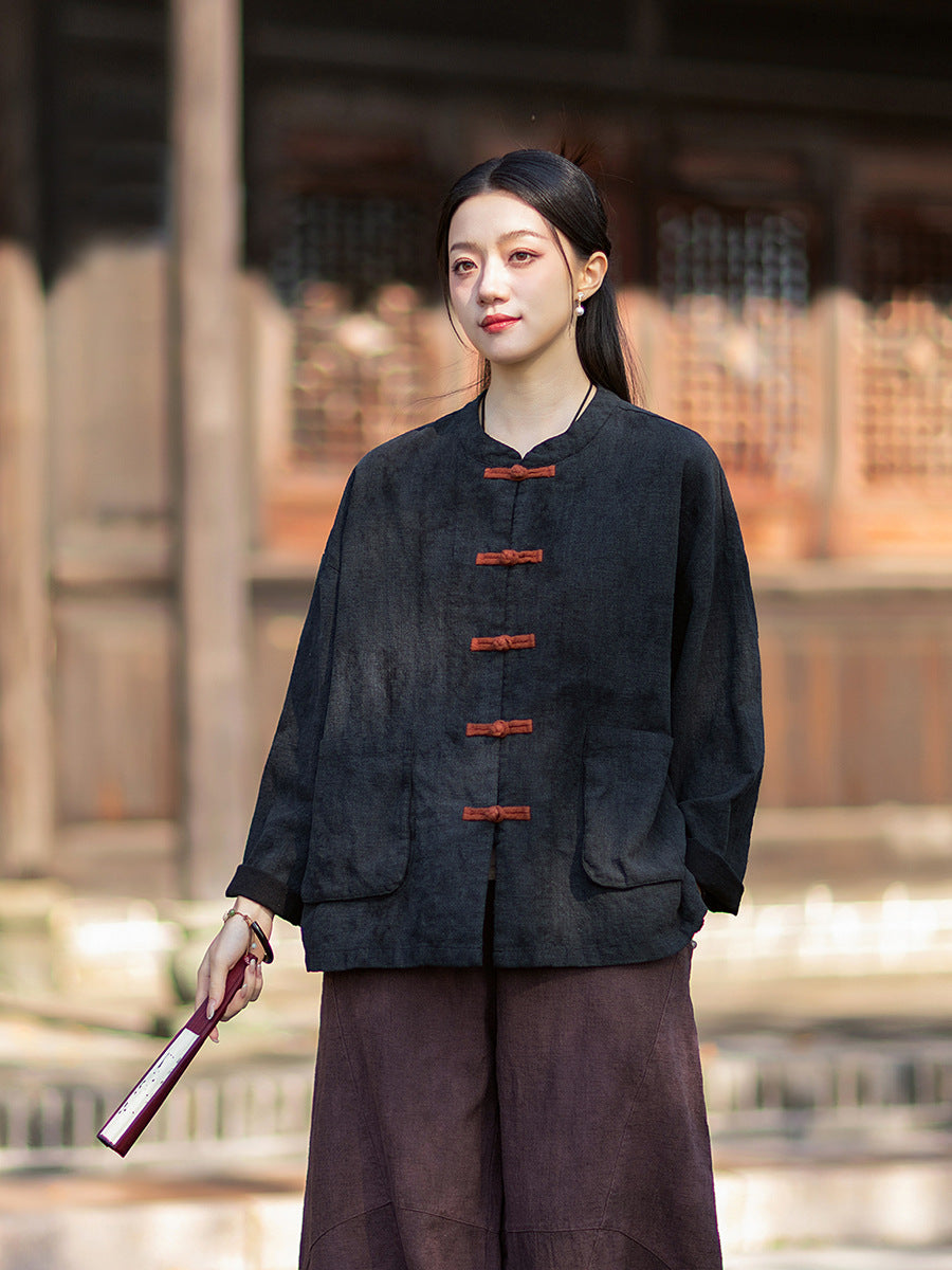 2026 Spring New Arrival: Vintage-inspired, distressed, sand-washed asymmetrical top; niche-style patchwork V-neck cotton-linen button-down cardigan