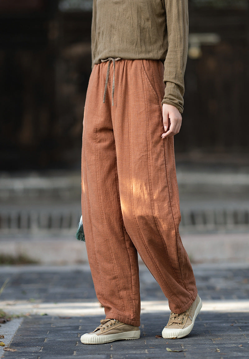 2026 Winter New Arrival: Ramie-Blend, Color-Blocked, Drawstring, Quilted, Thickened Cotton Pants—Versatile, Slimming, Loose-Fit Casual Pants