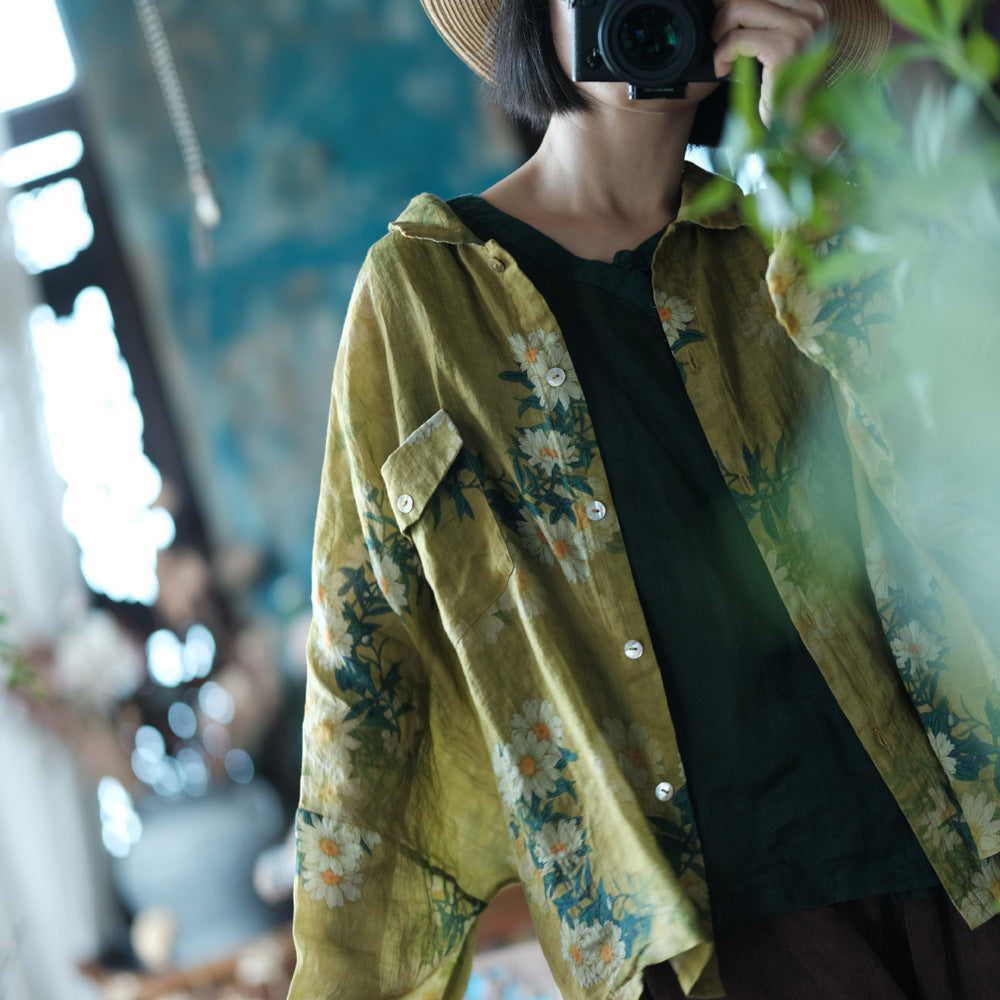 Vintage Yellow Digital Print Pure Ramie Shirt, Summer Loose Casual Shirt 240621