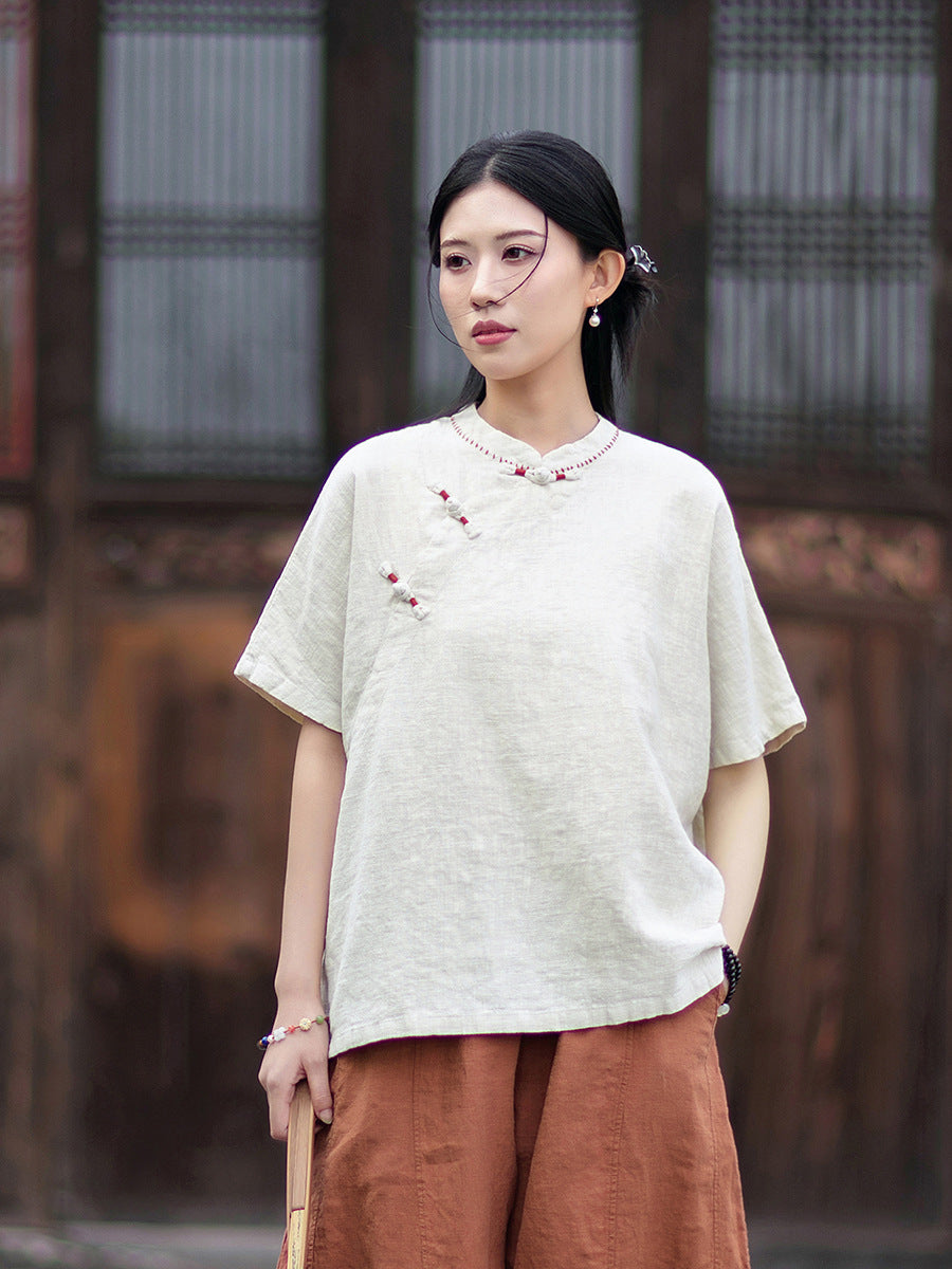 Women's Cotton-Linen Retro Zen-Inspired Stand-Collar Shirt with Stitched Buttonholes and Asymmetrical Hem 20260511