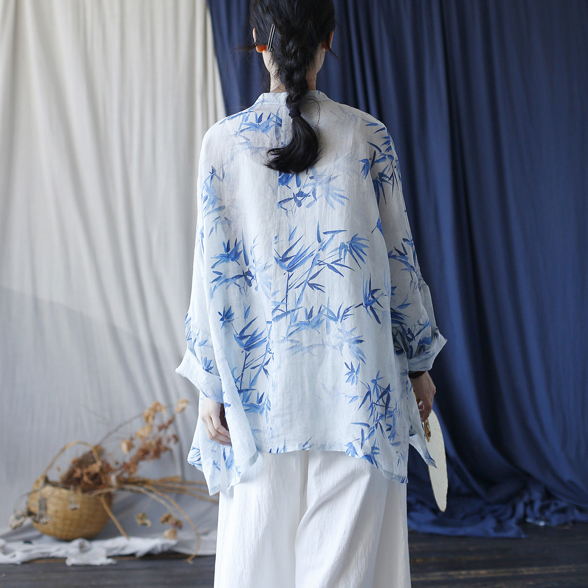Loose Summer Printed Ramie Shirt, Standing Collar Frog Button Chinese Casual Shirt 20240803