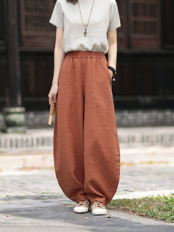 Summer Loose-Fit Zen-Inspired Boho Retro Elastic Waist Slimming Drapey Casual Pants Linen Bell-Bottom Pants 20260511