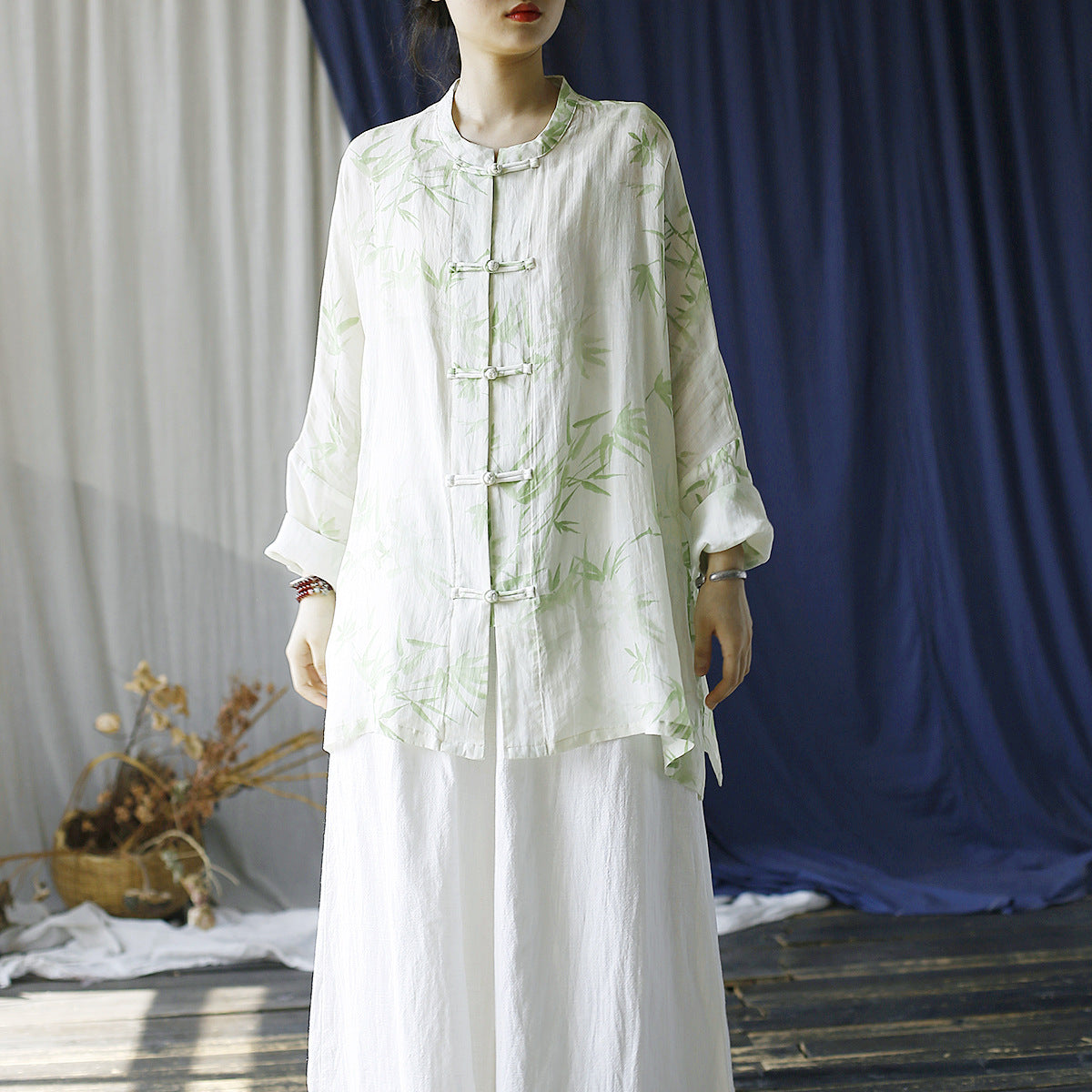 Loose Summer Printed Ramie Shirt, Standing Collar Frog Button Chinese Casual Shirt 20240803