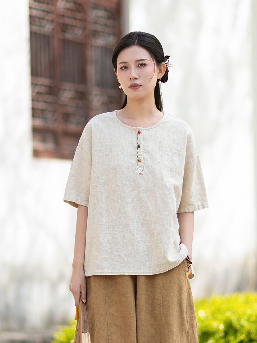 Round-Neck Chinese-Style Blouse: New Summer Style, Retro-Chic, Stitched Color-Blocking, Button-Front Short-Sleeve T-Shirt 20260511