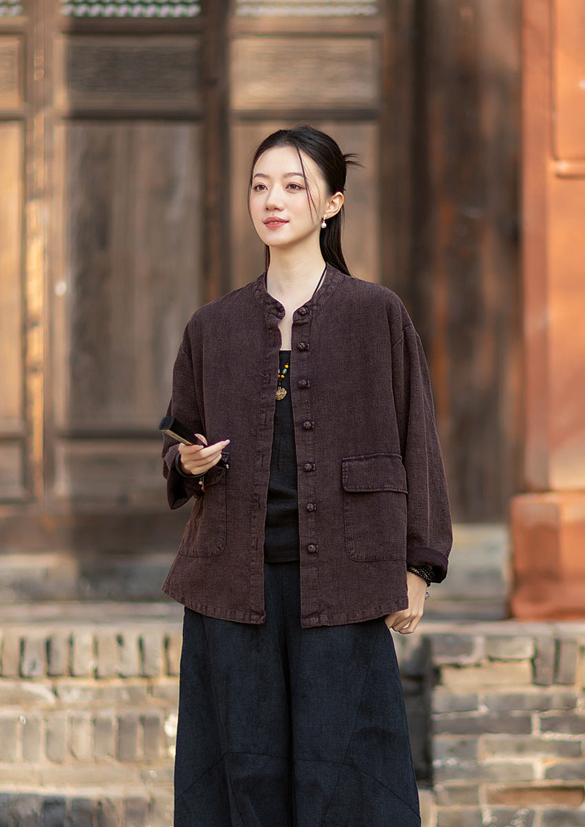 2026 Spring New Arrival: Boho-Retro Stand-Collar Distressed Double-Breasted Button-Down Cotton-Linen Blouse for Women