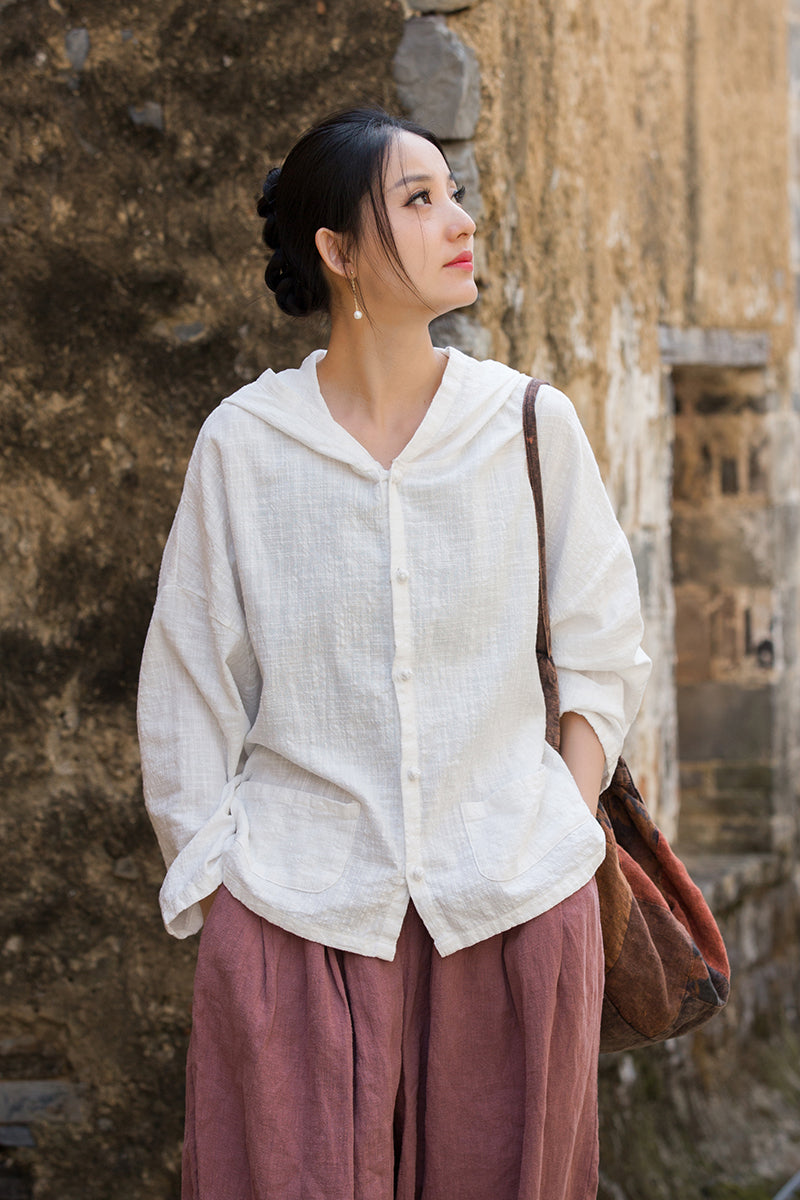 Ladies Summer Chinese Loose Frog Button Hoodie, Vintage Cotton and Linen Casual Shirt 20250604