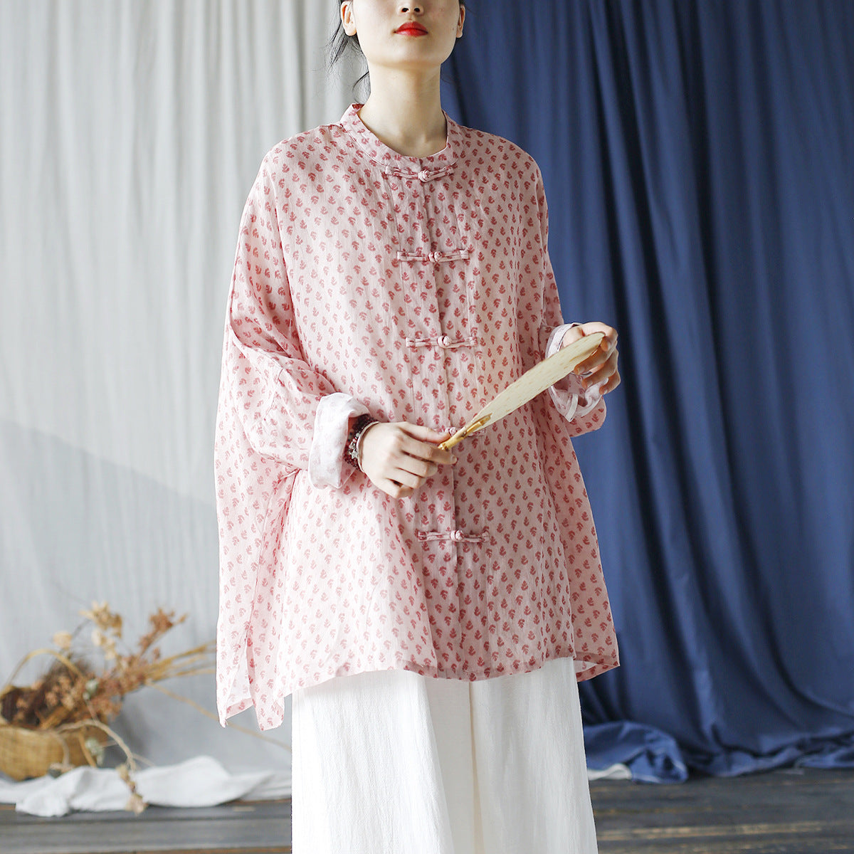 Loose Summer Printed Ramie Shirt, Standing Collar Frog Button Chinese Casual Shirt 20240803