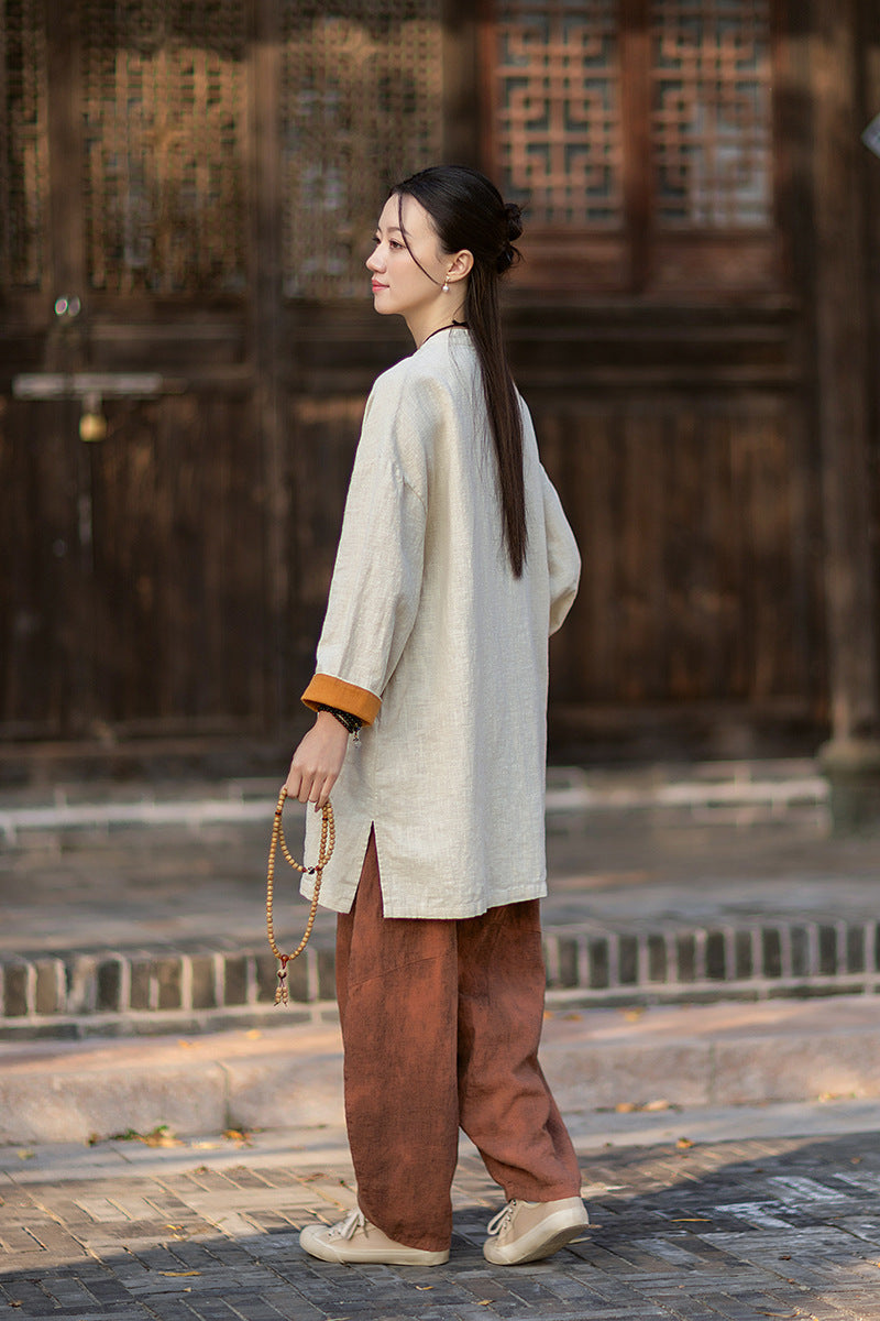 2026 Spring New Arrival: Retro Cotton-Linen Chinese-Style Stand-Collar, Color-Blocked, Button-Fastened, Wrap-Front Blouse for Women – Zen Tea Attire