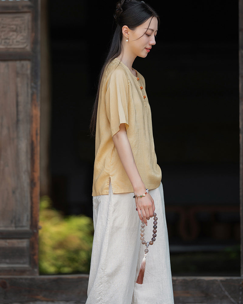 Frog Button Cotton  Linen Shirt, Summer Chinese Vintage Women Sandwashed Cotton  Linen T-shirt 20240728