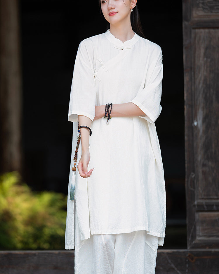 Cotton Linen Long Shirt, Summer New Chinese Standing Collar Frog Button Dresses 20240728