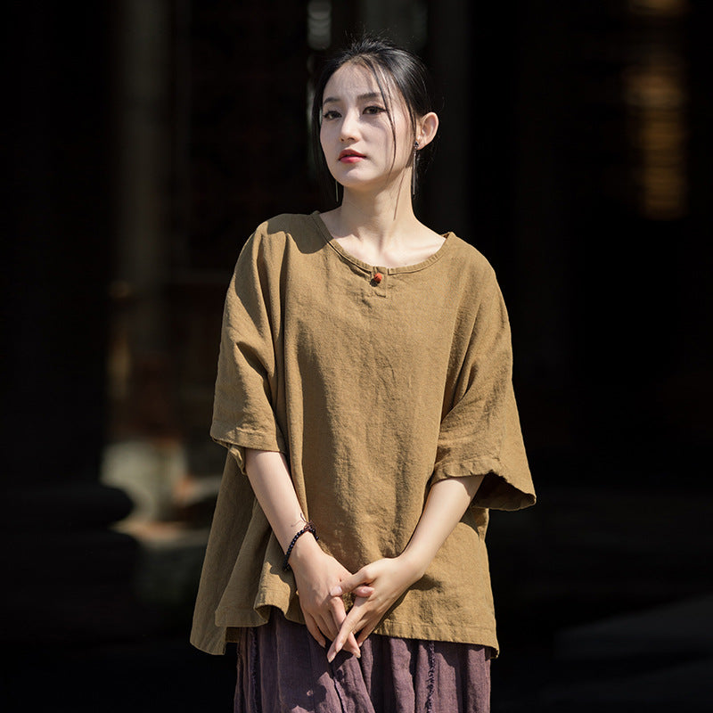 Summer Cotton Chinese t-shirt,Ramie Sand Washed Plate Button Women's Short Sleeve T-Shirt 20240714