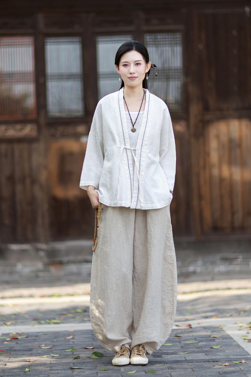 New Cotton-Linen Women's Vintage Zen-Inspired Ramie Tapered-Sleeve Tie-Front Cardigan, Loose-Fit Chinese-Style Jacket 20260511