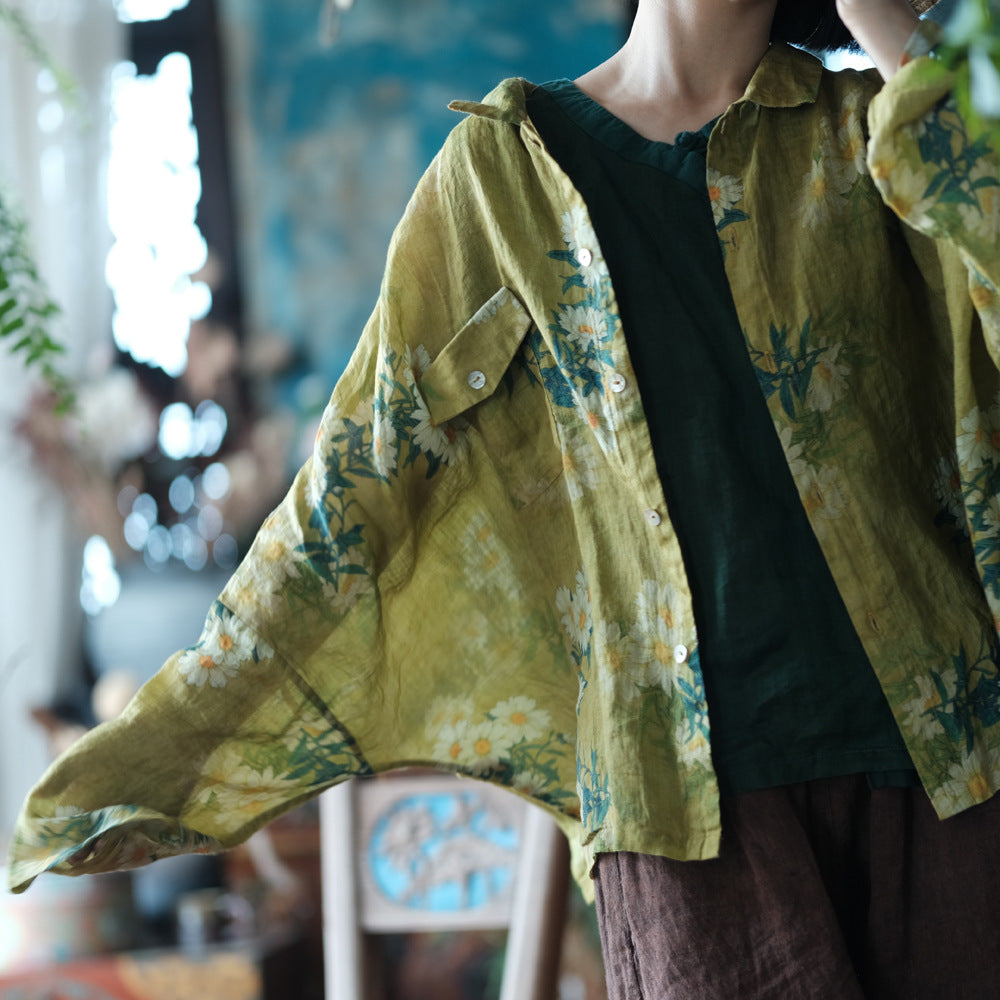 Vintage Yellow Digital Print Pure Ramie Shirt, Summer Loose Casual Shirt 240621