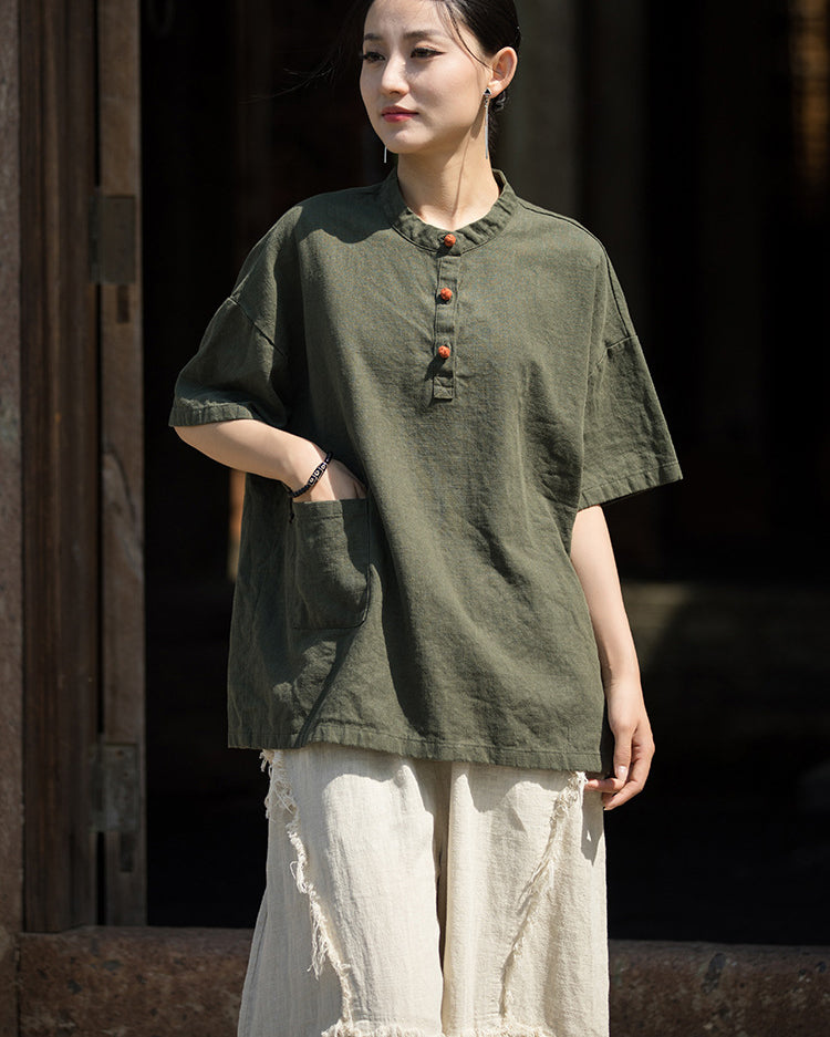 Summer Cotton Chinese t-shirt,cotton linen Washed Plate Button Women's Short Sleeve T-Shirt 20240714