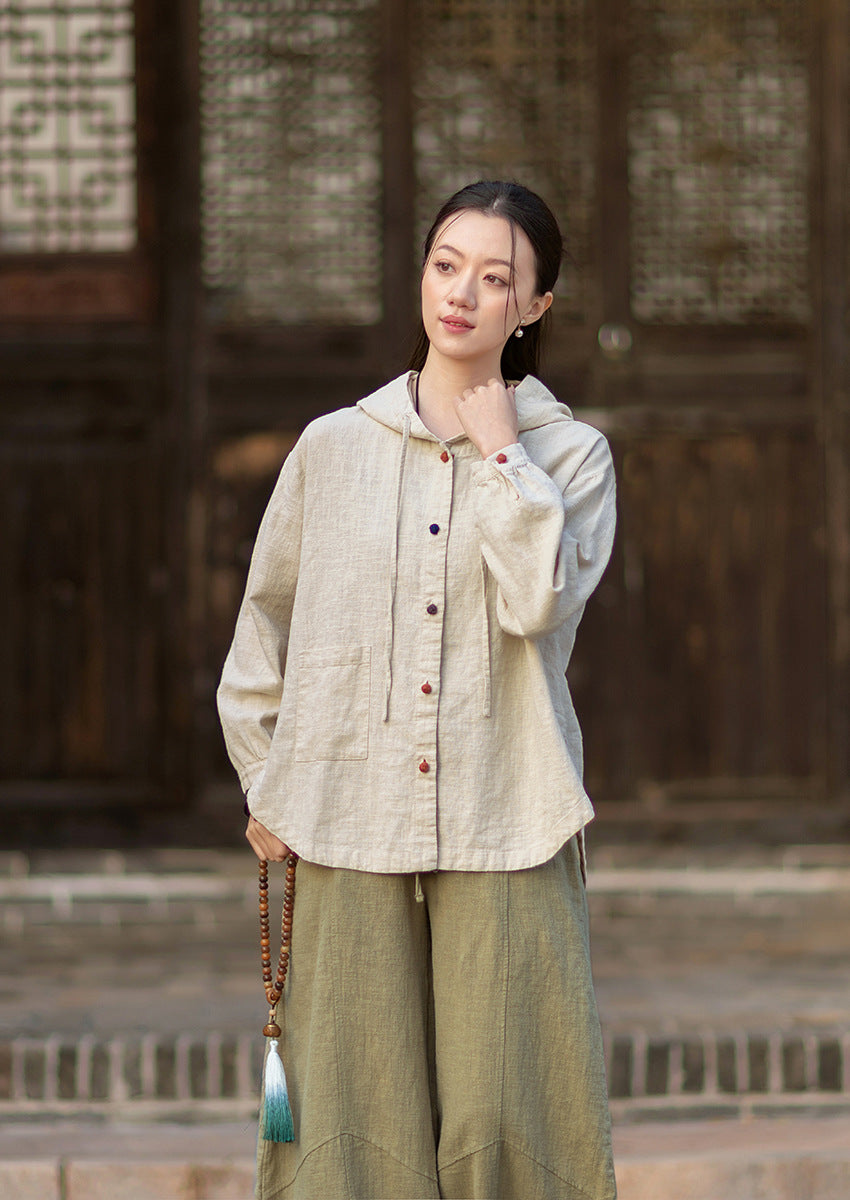 2026 Spring New Arrival: Oversized Casual Hooded Color-Blocked Button-Down Shirt, Women's Sandwashed Cotton-Linen Jacket