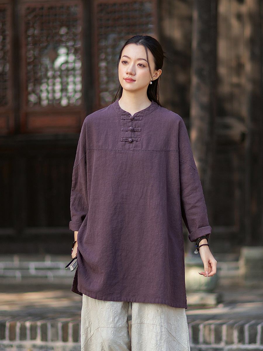 2026 Spring Retro Mandarin Collar Button-Down Cotton-Linen Blouse for Women: Chinese-Style Zen-Inspired Tea Ceremony Pullover, Ramie Stand-Up Collar Long-Sleeve Shirt