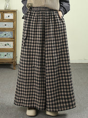 Loose-fitting cotton plaid wide-leg pants， Spring Vintage Plaid Wide-leg Pants