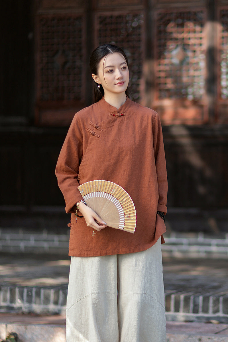 2026 Spring New Arrival: Retro Cotton-Linen Chinese-Style Stand-Collar, Color-Blocked, Button-Fastened, Wrap-Front Blouse for Women – Zen Tea Attire