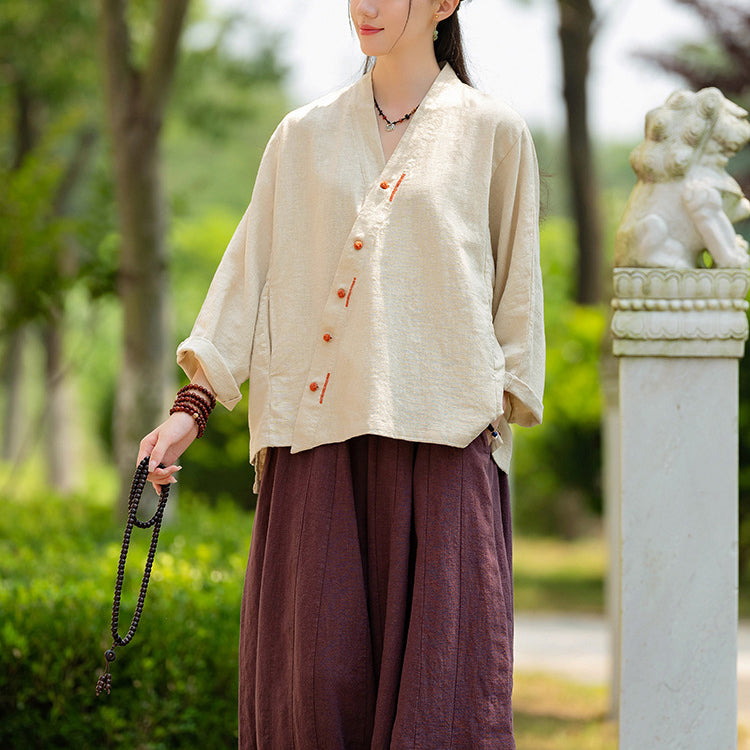 Women's Vintage Chinese Long Sleeve Cotton Linen Shirt with Embroidery V-Neck Loose Kimono 20240920