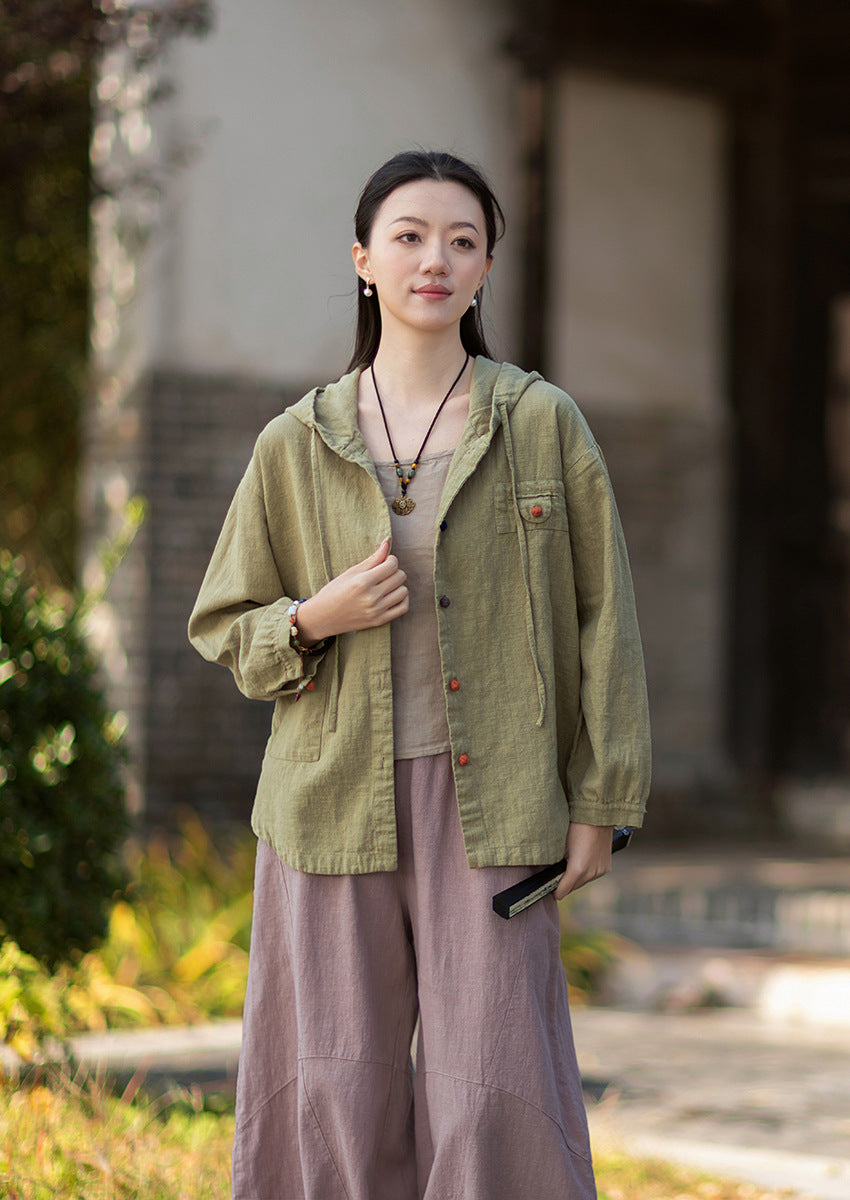 2026 Spring New Arrival: Oversized Casual Hooded Color-Blocked Button-Down Shirt, Women's Sandwashed Cotton-Linen Jacket