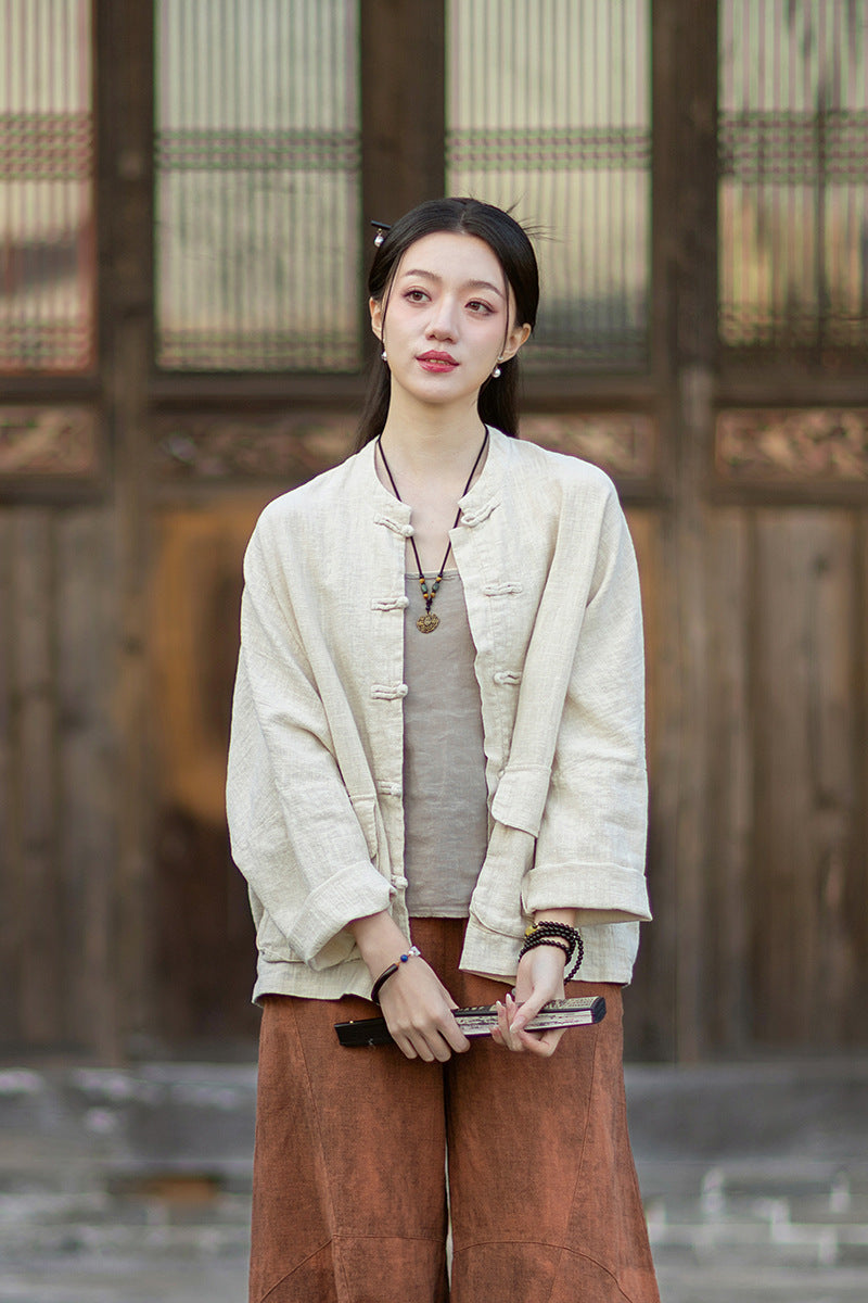 2026 Spring New Arrival: Original Vintage-Inspired Linen-Cotton Women's Cardigan, Loose-Fit Jacket with Stand-Up Collar and Button Closure