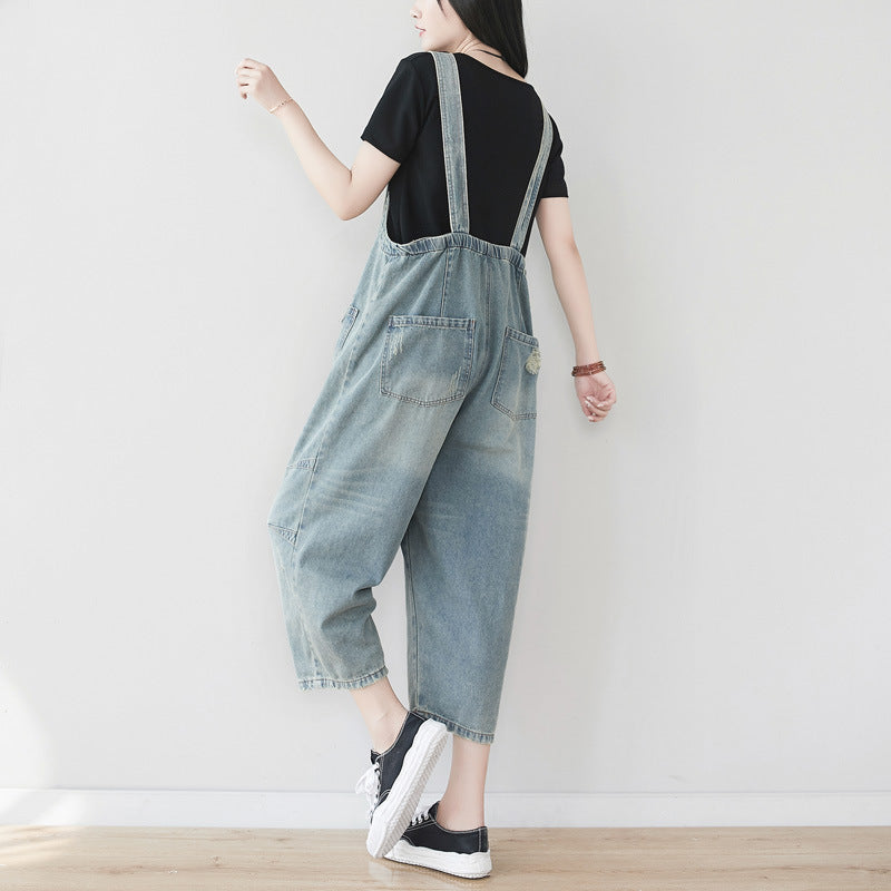 Cotton overalls, women's denim overalls, stonewashed loose overalls