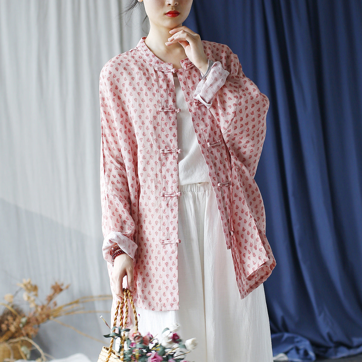Loose Summer Printed Ramie Shirt, Standing Collar Frog Button Chinese Casual Shirt 20240803