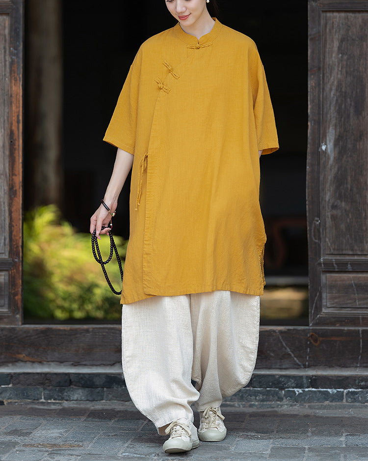 Cotton Linen Long Shirt, Summer New Chinese Standing Collar Frog Button Dresses 20240728