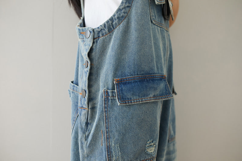 Cotton overalls, women's denim overalls, stonewashed loose overalls