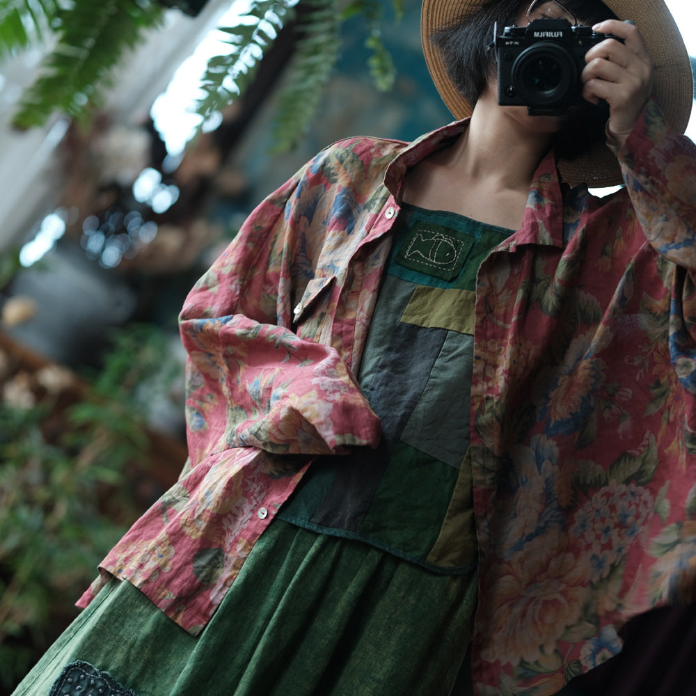 Vintage Digital Printed Pure Ramie Shirt, Summer Loose Casual Shirt 240621