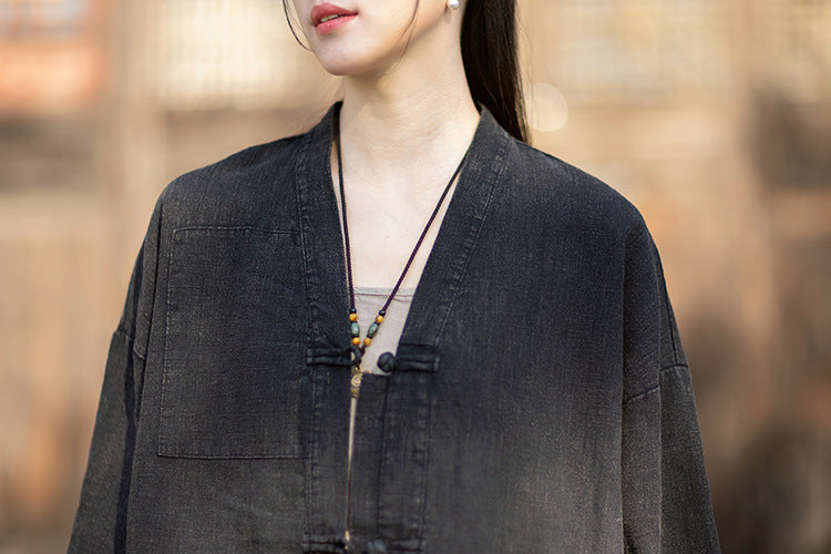 2026 Spring New Arrival: Vintage-inspired, distressed, sand-washed asymmetrical cardigan; niche-style patchwork V-neck cotton-linen jacket with button closures