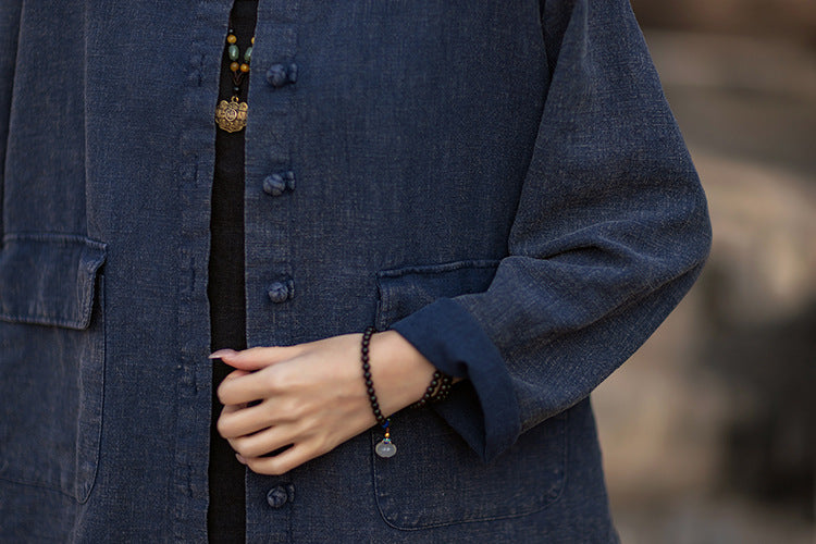 2026 Spring New Arrival: Boho-Retro Stand-Collar Distressed Double-Breasted Button-Down Cotton-Linen Blouse for Women