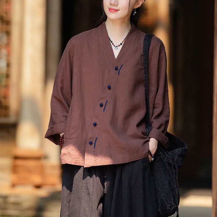 Women's Vintage Chinese Long Sleeve Cotton Linen Shirt with Embroidery V-Neck Loose Kimono 20240920