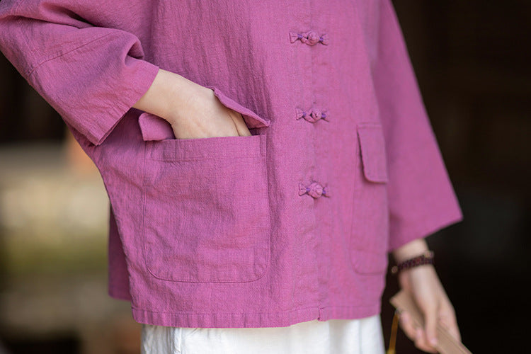New Chinese-Style Loose-Fit Women's Shirt: Ramie Distressed Mandarin-Collared Modified Tang-Style Cardigan 20260511